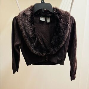 Y2K Copper Key Women's Dark Brown Faux-Fur Trim Cropped Cardigan Sweater